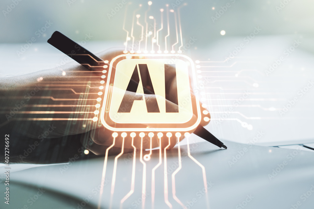 Poster creative artificial intelligence symbol concept with man hand writing in notebook on background. mul