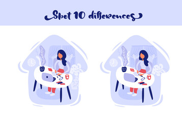 Find 10 differences Woman learn sitting at the table with a laptop at home