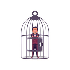 Businessman in a cage. Cage headed. Businessman is locked in a birdcage. Opportunities are limited. Head cage, business metaphor. Prison for the mind. Vector flat design. Isolated on white background.