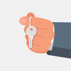 Hand holding house keys. Handing key to home. Vector graphic illustration flat design. Template for sale, rent home. Isolated on white background. Real estate agent. Property gift.
