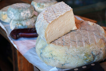 Ripened goat cheese at a French market