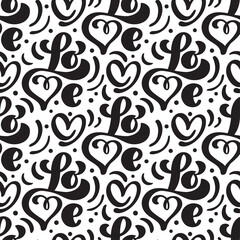 Vector seamless pattern with Love lettering calligraphy for valentines day, wedding