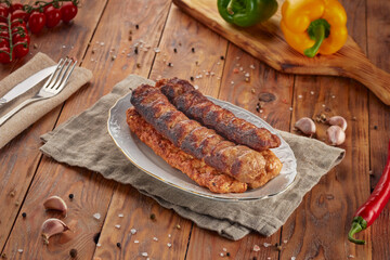 Kebab grill BBQ, wood background