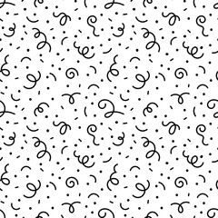 Doodle seamless pattern with ribbon confetti rain. Festive background. Vector abstract pattern.