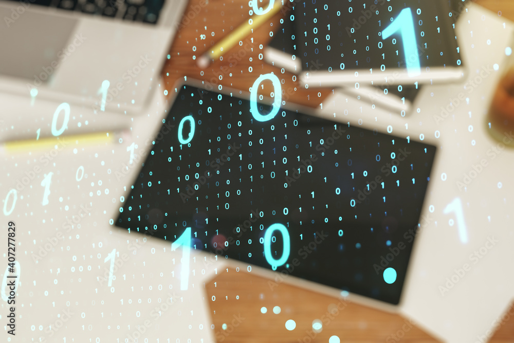 Poster creative abstract binary code sketch and modern digital tablet on background, hacking and matrix con