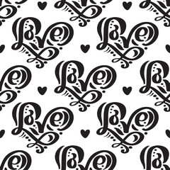 Vector seamless pattern with Love lettering calligraphy for valentines day, wedding