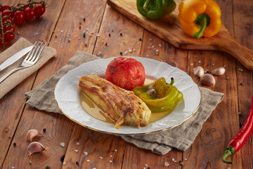 Grilled vegetables BBQ, wood background