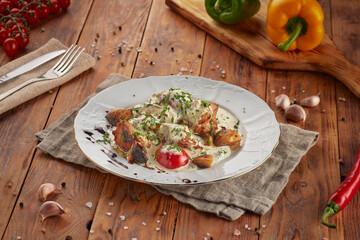 Pork with mushrooms BBQ in a creamy sauce, wooden background