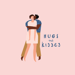 Man and woman hugging. Hugs and kisses handwritten text. Template for postcard, sticker, print. Vector illustration