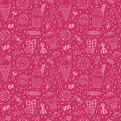 Vector seamless pattern with doodle sweets - ice cream, donut, candy, cookie, waffle, milk shake. Magenta pink background. 