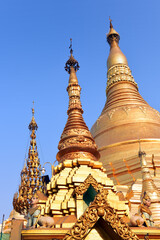 detail view to a group of golden stupas at the Shwedagon Pagoda in Yangoon, Myanmar (Burma)