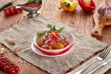 Grilled vegetables BBQ, wood background