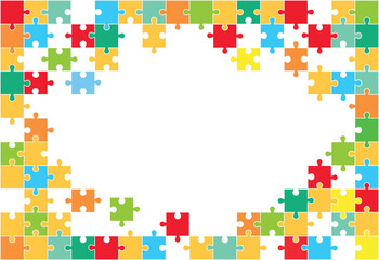 Multi-colored background from separate pieces of mosaic (puzzles) on a white background. Business, merger, joining, teamwork.
