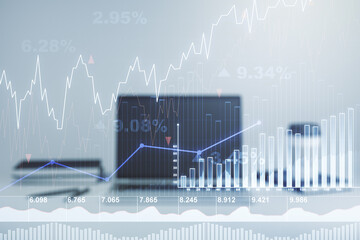 Multi exposure of abstract financial diagram on computer background, banking and accounting concept