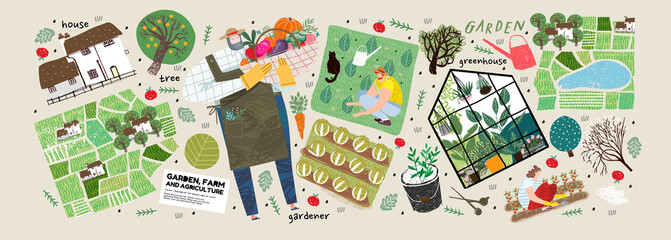 Garden, farm and agriculture. Vector illustration of gardener, garden beds, fields, maps, houses, nature, greenhouse and harvest. Drawings and objects for poster, background or postcard © Ardea-studio