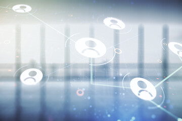Abstract virtual social network concept on empty corporate office background. Multiexposure