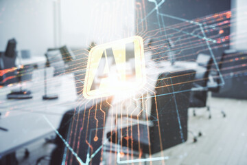 Abstract virtual artificial Intelligence symbol hologram on a modern furnished office background. Multiexposure