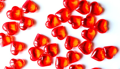 Festive background: a lot of red hearts on a white background, lying randomly. Small stones in the...