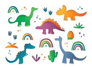 Cute collection with lovely dinosaurs characters. Dino colorfull print for kids decor. Vector illustration set.
