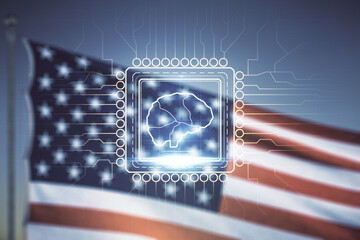 Virtual creative artificial Intelligence hologram with human brain sketch on US flag and blue sky background. Multiexposure