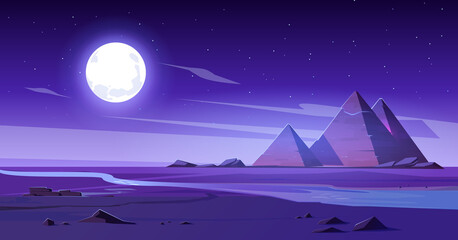 Egyptian desert with river and pyramids at night. Vector cartoon illustration of landscape with sand dunes, water stream of Nile, ancient tombs of Egypt pharaoh, moon and stars in sky