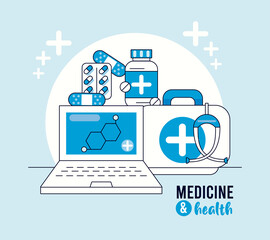 laptop with molecular structure and medical icons