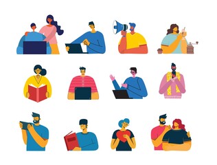 Set of people, men and women with different signs - book, work on laptop, search with magnifier, communicate.