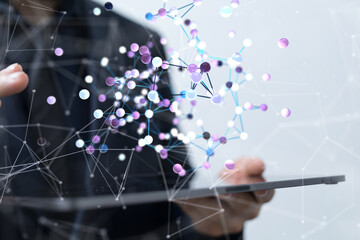 Abstract futuristic - Molecules technology with polygonal shapes on dark blue background.