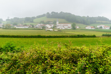 Fototapeta na wymiar Fog landscape in the countryside of the French Basque country. 