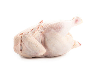 Whole fresh raw chicken isolated on white background.