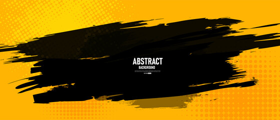 Black and yellow abstract background with brushstroke and halftone style.	
