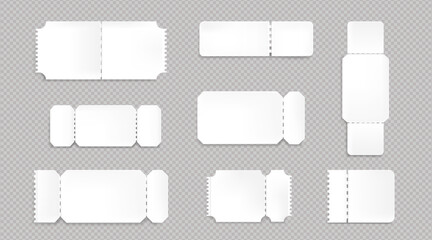 Mockup of tickets to movie theater, concert, circus or festival, coupons for gift or invitation. Vector realistic template of blank white tickets with ribbed edges isolated on transparent background