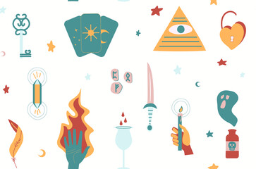 Seamless pattern magic and witchcraft. Hand drawn, doodle magician collection with tarot, potion, crystal, knife, spells, rune stones. Background for design, paper, textile, fabric, wallpaper. Vector