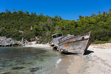 Shipwreck abandoned at a sea-coast of Skyros island in Greece