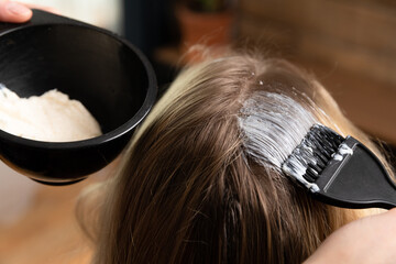 Closeup of a woman applying mask or color to another womans hair.
