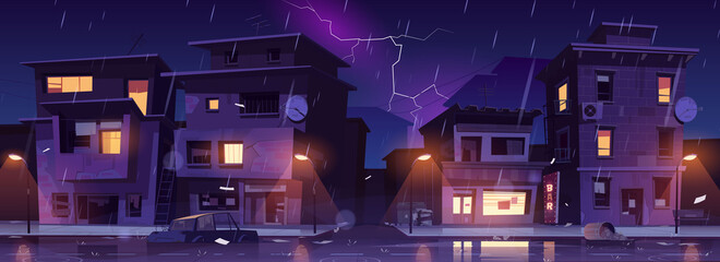 Ghetto street at night rain with lightnings, slum ruined abandoned old buildings flooded with water shower. Dilapidated dwellings stand on roadside with scatter litter, cartoon vector illustration - obrazy, fototapety, plakaty