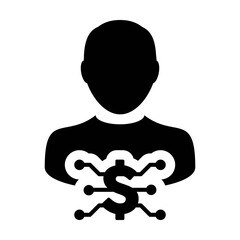 Investment icon vector digital dollar currency with male user person profile avatar for digital wallet in a glyph pictogram illustration