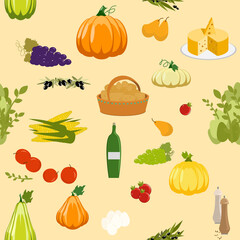 Farmer food harvest, wine, cheese, vegetables, fruits. Flat design. Vector seamless pattern illustration