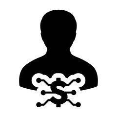 Profile icon vector digital dollar currency with male user person avatar for digital wallet in a glyph pictogram illustration