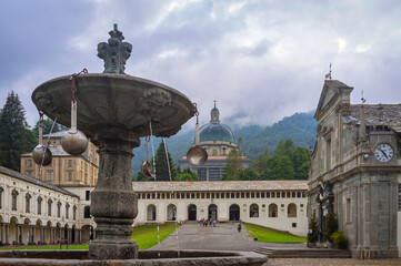Panoramic view of the buildings on the religious complex named Sanctuary of Oropa near the city of...