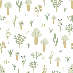 Cute Garden with Mushrooms and plants seamless pattern for stationery, wrapping paper, textile, babies, decoration