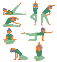 the girl is engaged in fitness. set of eight yoga poses. stretching exercises. mascot. sports concept. vector isolated.