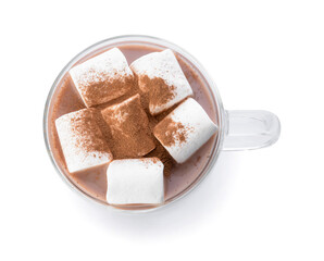 Tasty cocoa with cinnamon and marshmallows in cup on white background