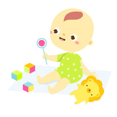 baby play with rattle and cubes. Newborn child, Little kid enjoy toys