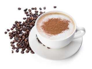Fototapeta premium Tasty coffee with cinnamon in cup on white background