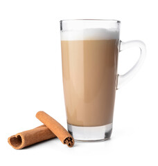 Tasty coffee with cinnamon in cup on white background