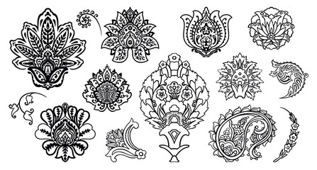 Set of 14 vintage Persian style Damask flowers and pomegranate flowers. Collection of linear decor  for custom design, patterns, ornaments, backgrounds, wallpapers.