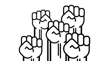Many a man s fist, vector Isolated line illustration human hands raised up, art concept of resistance, strength, majority, fight, defending rights of society.