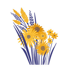 Vector illustration of yellow flowers with dark blue branches. The flowers is calendula. Hand drawn illustration in cartoon style. For web, greeting card, stickers and another print design.