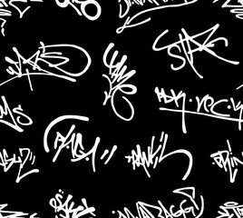 Abstract background of beautiful calligraphic inscriptions on a black background.Seamless Pattern